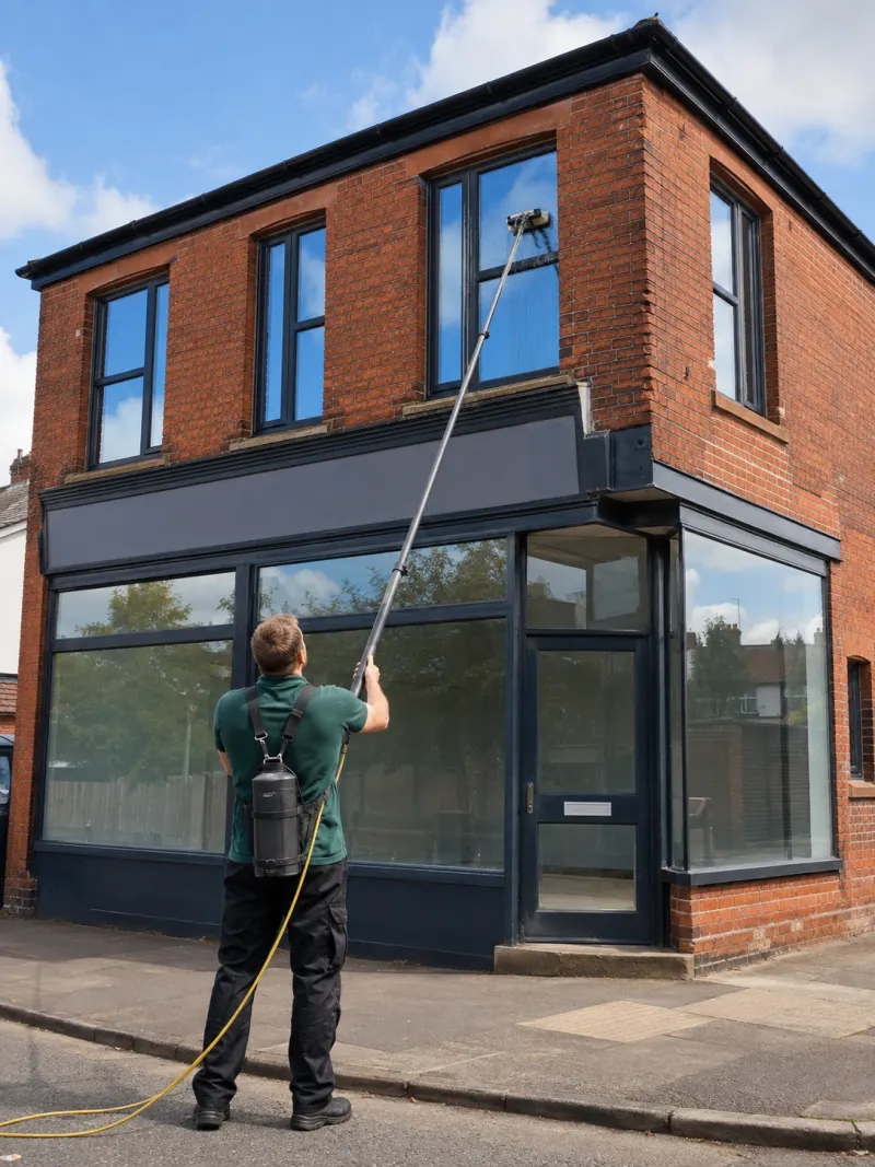 Window cleaner using a water-fed pole to clean the first-floor windows of a small red-brick corner shop unit